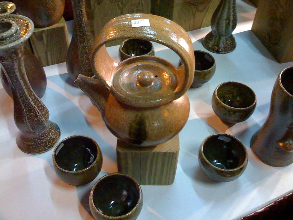 Hand-thrown glazed stoneware pottery on display in Seagrove, North Carolina
